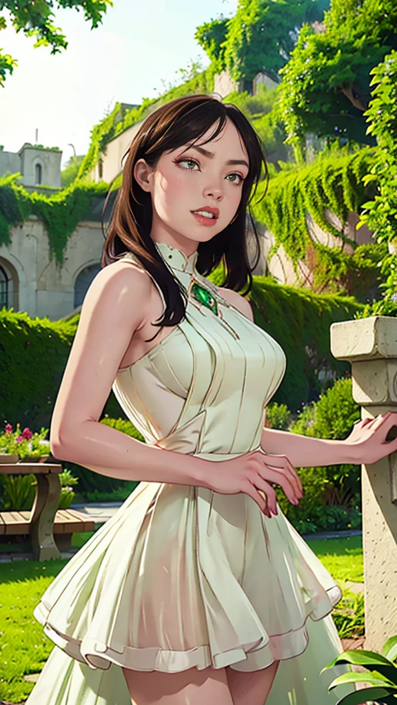 a beautiful woman with emerald green eyes, flowing black hair, wearing a stunning white wedding dress, standing in a lush garden setting, joyful and radiant expression, (best quality,4k,8k,highres,masterpiece:1.2),ultra-detailed,(realistic,photorealistic,photo-realistic:1.37),intricate details,elegant,soft lighting,warm tones,romantic,picturesque landscape,cinematic composition, feliz, alegre, sonriendo