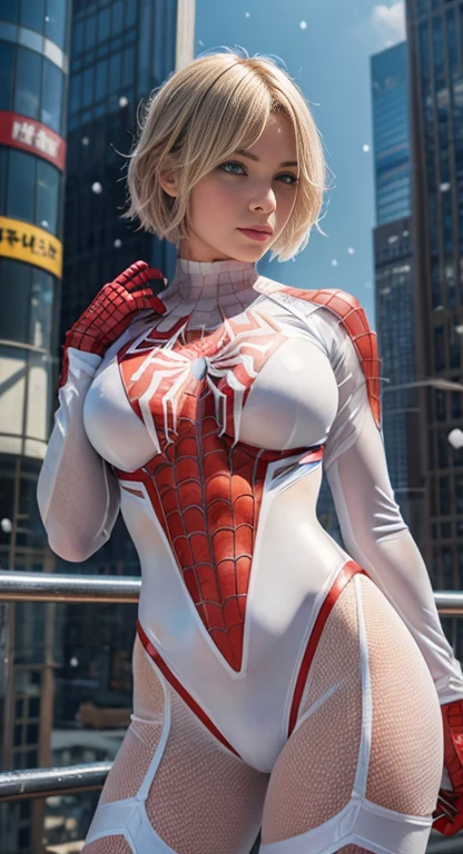 (One girl: 1.3), alone, beautiful face, (((extremely Detailed face))),(((extremely Detailed face and eyes)),beautiful detailed eyes, Body parts__, Official Art, 8k unified wallpaper, Very detailedな, beautiful and aesthetic, beautiful, masterpiece, 最high quality, born, masterpiece, Ultra-thin photo, 最high quality, Ultra-high resolution, photorealistic realism, sunlight, Full body portrait, Great beauty, short blonde haircut, Dynamic pose, Delicate face, Bright blue eyes, (from the front), She is wearing a nylon outfit (inspired by Spiderman costume), Cosplay ('/snow/'), red, Transparent white and black color scheme, Top floor of a skyscraper, Very detailed, Detailed face, Detailed, intricate and busy background, Messy, beautiful, milky, Very detailedな肌, Realistic skin detail, Visible pores, Sharp focus, Volume Mist, 8K Ultra HD, Digital SLR, high quality, Film Grain, Fair skin, Photorealism, Lomography, Future dystopian megacity, View from below, translucent