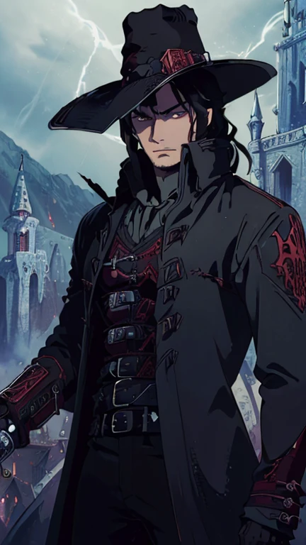 (1boy: VanHelsing2004), (extremely detailed CG unit 8k wallpaper),(master part), (best quality), (ultra detail), (best illustration),(Oda Eiichirou style), cowboy shot, (Sharp eyeliner, ombre, detail eyes:1), Dracula Castle background, ,break , (vamptech), long hair ,black hair, Upper body,