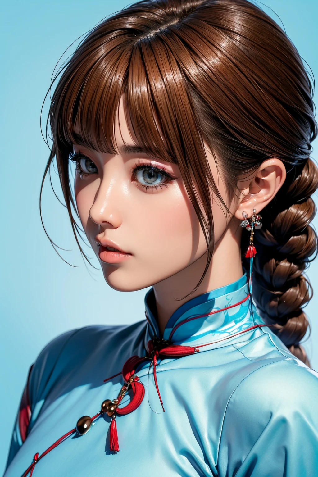 Realistic, masterpiece, Highest quality, Highest Resolution, Anatomically correct, Accurate Anatomy, 7 heads, Height: 165cm, One Japanese woman, A sharp expression with some teeth showing, Profile staring into the distance, Fine and beautiful eyes, Sparkling eyes, Thin eyebrows, Gives lashes a delicate finish, False eyelashes, (Chinese traditional makeup:1.2), (Braided hair, Blunt bangs, Brown Hair:1.2), Detailed face, Sharp Eyes, (Classic light blue and blue cheongsam, Fitted clothing:1.3), Bust up photo, Blank background in warm colors