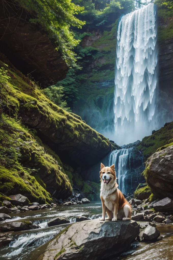 "I've hiked up a mountains to see waterfalls"
Illustration- Dog standing by waterfall with mountain near