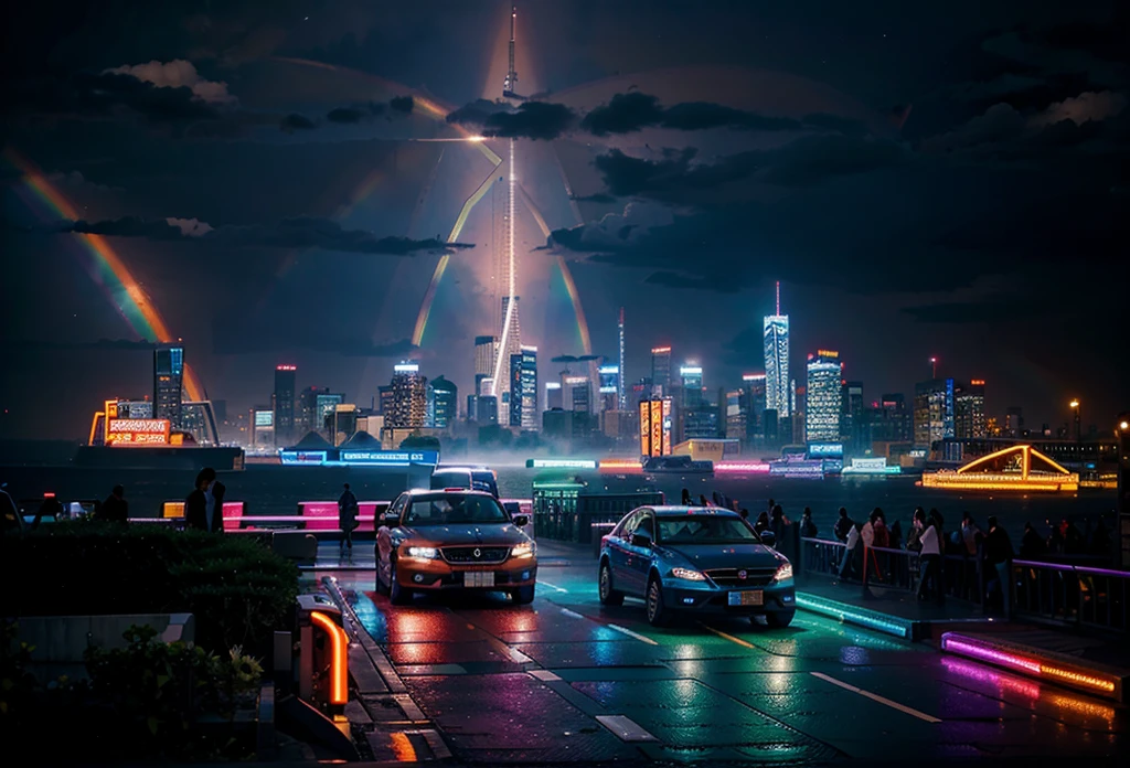 A bustling, vibrant cityscape with neon lights, towering skyscrapers, and a rainbow of people and vehicles.