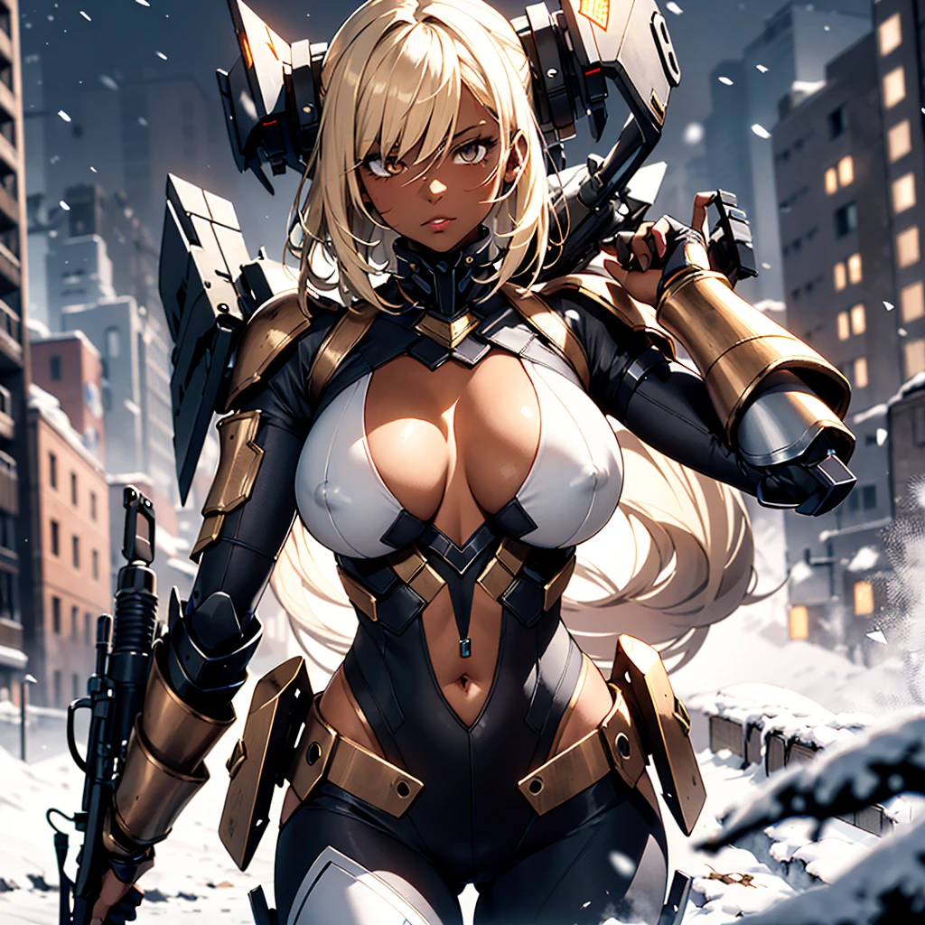 ((best quality)), ((masterpiece)), (detailed), 1girl, 8k_wallpaper, extremely detailed eyes, (large masterpiece digital art), (intricate details:1.3 ), (ultra-detailed:1.3), (sharp focus:1.3), (natural lighting:1.05), (vivid colors:1.3), (best quality:1.4), high quality, expressive eyes, full body, detailed face, beautiful face, perfect face, ((blonde hair)), (gold eyes), {{dark skin}}, ({dark skinned female}), big breasts, huge chest, outlines of nipples under clothing, powerful strong and prominent muscles of the abdomen and legs, powerful arm muscles, dressed in heavy combat steel cyber close armor of a dark red steel color, a military radio hanging on her belt, she is dressed in heavy steel closed-type cyber armor, a heavy armored cyber exoskeleton, powerful armor covers her entire body, she walks late in the evening through a destroyed city under falling flakes of snow against the backdrop of a starry sky,