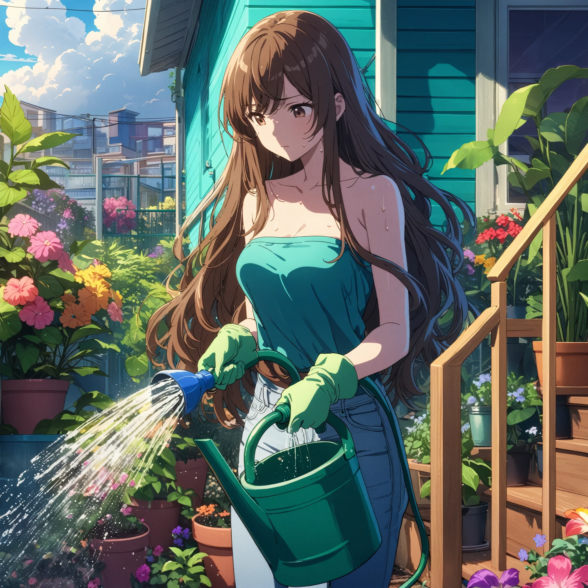 Best quality, masterpiece, close up, sweat, stoic, looking down, gardening, watering plants, hose, gloves, very long hair, brown hair swept bangs, brown eyes, strapless teal shirt, jeans, sneakers, anime cartoon, tropical plants, thunderhead clouds, railing, colorful flowers, backyard, teal building, steps, fence, tree,
