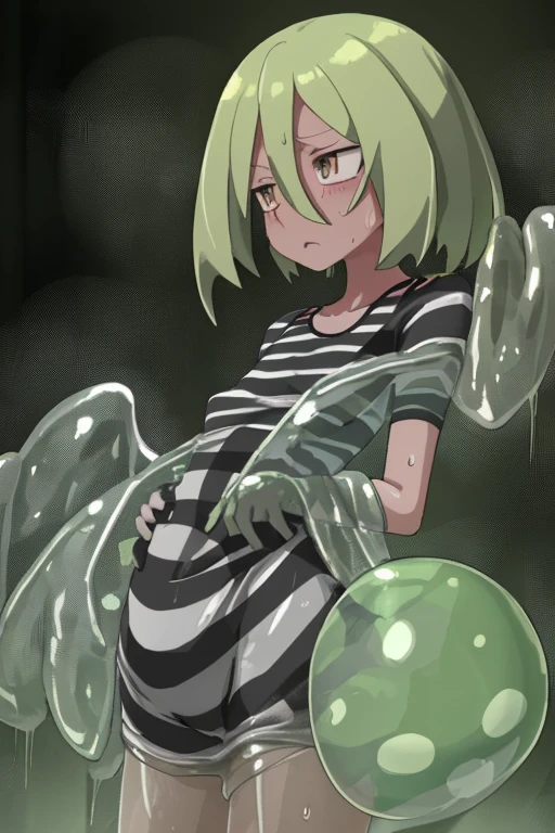 Striped Pokémon Cynthia covered in translucent slime and sweat