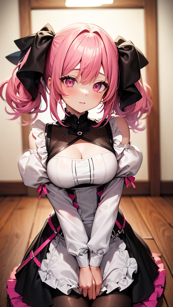 (Highest quality,High resolution,Very detailed,girl)black tights,Pink Hair,Twin tails and short hair,Height: 160cm,cute,Big Breasts,Pink Eyes,I&#39;m wearing a pink skirt,I&#39;m wearing off-the-shoulder clothing,Her eyes are white and shining,Has bright white eyes,She&#39;s crying,Her eyes are hearts,The chest is very exposed,Drops are falling from her eyes,