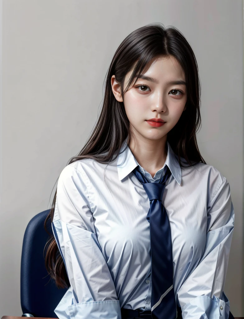 (1 woman), alone, long_hair, Wearing(student uniform, necktie, shirt sleeves), picture(medium shot), portrait, throw, hazy_background, background(classroom, chair, table), (8k, picturerealistic, absurd, best_quality:1.55),