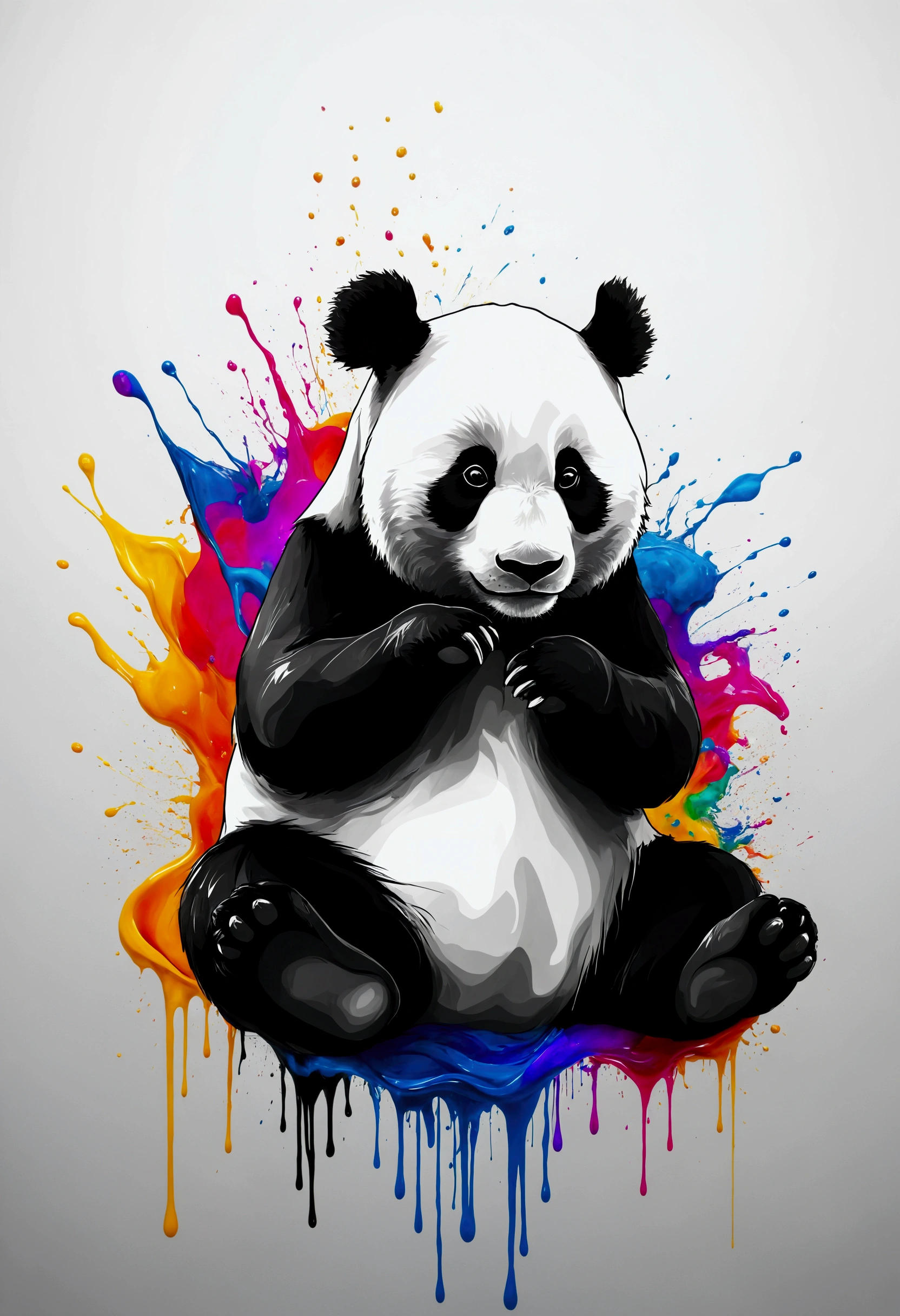 panda,Made of liquid ink \(black and white\),Fluid and dynamic posture,Curled colorful blurred background,Mysterious expression,Abstract Art,In a modern and abstract environment,Bright Lights, Official Art, Unity 8K wallpaper, Extremely detailed, beautiful and aesthetic, masterpiece, best quality, Reality,
