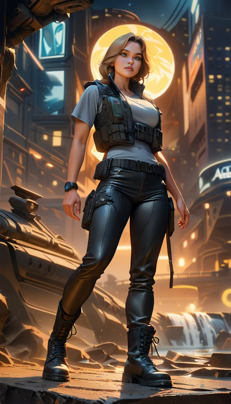 best quality,4k,8k,highres,masterpiece:1.2),ultra-detailed, extremely detailed eyes, extremely detailed body, (large masterpiece digital art), (detailed manga illustration), (detailed line art), ((perfect anatomy)), (intricate details:1.3), (ultra-detailed:1.3), (illustration:1.3), (sharp focus:1.3), (natural lighting:1.05), (vivid colors:1.3), (masterpiece), (best quality:1.4), (perfect anatomy:1.4), high quality, expressive eyes, full body, detailed face, beautiful face, perfect face, assassin, 1 girl, muscular, tall girl, large breasts, long hair, light brown hair, straight hair, low ponytail, detailed hair, ((dark blue tactical clothes)), grey t-shirt, ((tactical vest)), open vest, (black pants), pale skin, aquamarine eyes, splash art, curvy, black combat boots, cinematic lighting, dramatic atmosphere, Atey Ghailan, Jeremy Mann, Greg Manchess, Antonio Moro, trend in ArtStation, trend in CGSociety, Intricate, High Detail, Sharp focus, dramatic and photorealistic painting art by Midjourney and Greg Rutkowski, Jeff Bridges, ((cartoon style)), Marvel Cinematic Universe style, (((Night sky in the background))),