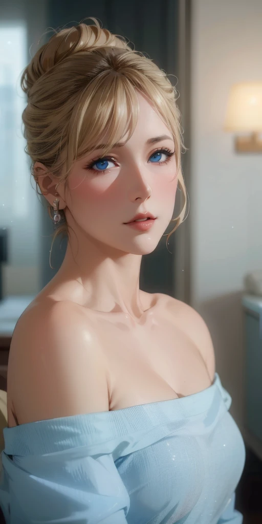 elegant mature woman, blonde, chignon hair, blue eyes, soft light, 4k resolution, high detailed, high quality, beautiful cg