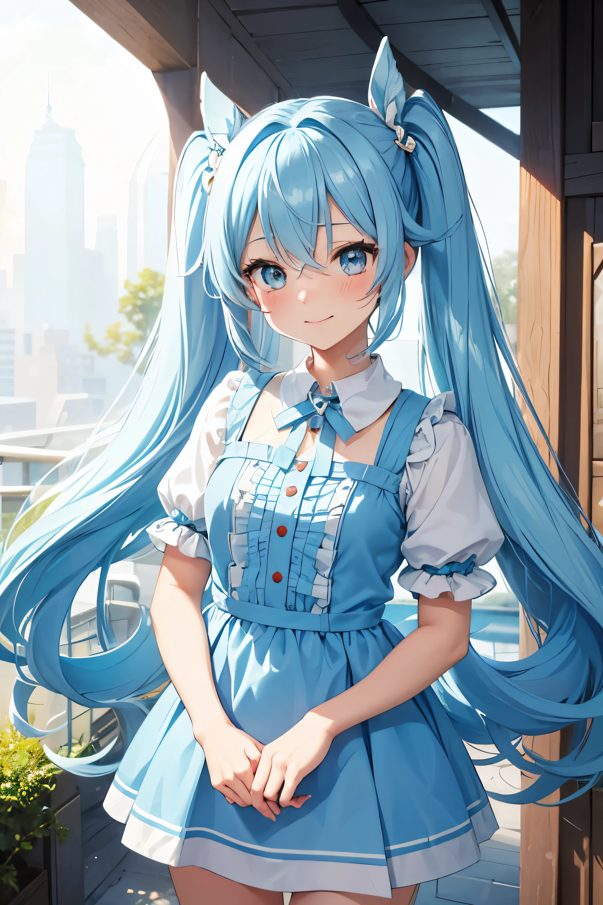 femele,lightblue hair,Twin-tailed,bright expression,Shy laughter,friendly,delicate,Beautiful,cute little,hightquality,Light blue,Idol,masterpiece,everyday clothes