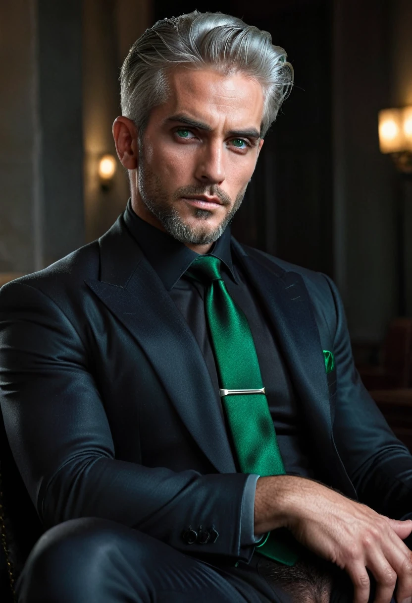 a handsome man with silver hair, green eyes, furrowed brow, black suit, dark blue tie, slick back hair, gloved hands, sitting pose, trimmed beard, muscled, detailed portrait, realistic, intricate details, elegant, stylish, moody lighting, cinematic, dramatic