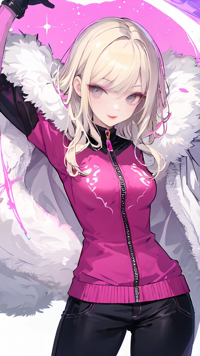 Fashionable blonde woman, no bangs, aura of happiness and tranquility, makeup, pink lipstick, pink eyeliner, a ring, pants, a tattoo on her arm, gray eyes