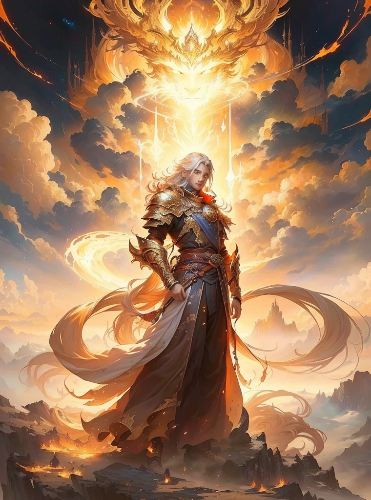 A painting,A man standing on the clouds in the painting,Holding a fire, author:Yang J, epic Fantasy art style hd, The God-Emperor of Humanity, Anime epic artwork, epic Fantasy art style, Epic fantasy digital art style, Anime fantasy illustration, Anime Fantasy Artwork, holy fire spell art, author:Yang Borun, Beautiful Celestial Mage, Fantasy art style