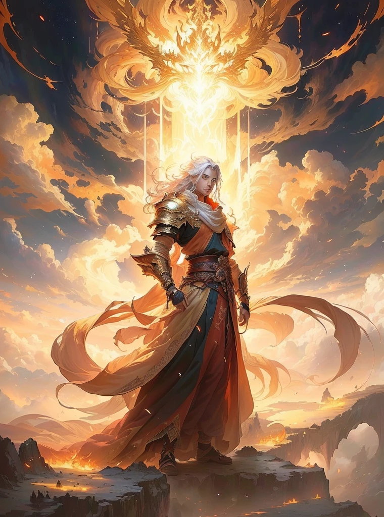 A painting,A man standing on the clouds in the painting,Holding a fire, author:Yang J, epic Fantasy art style hd, The God-Emperor of Humanity, Anime epic artwork, epic Fantasy art style, Epic fantasy digital art style, Anime fantasy illustration, Anime Fantasy Artwork, holy fire spell art, author:Yang Borun, Beautiful Celestial Mage, Fantasy art style