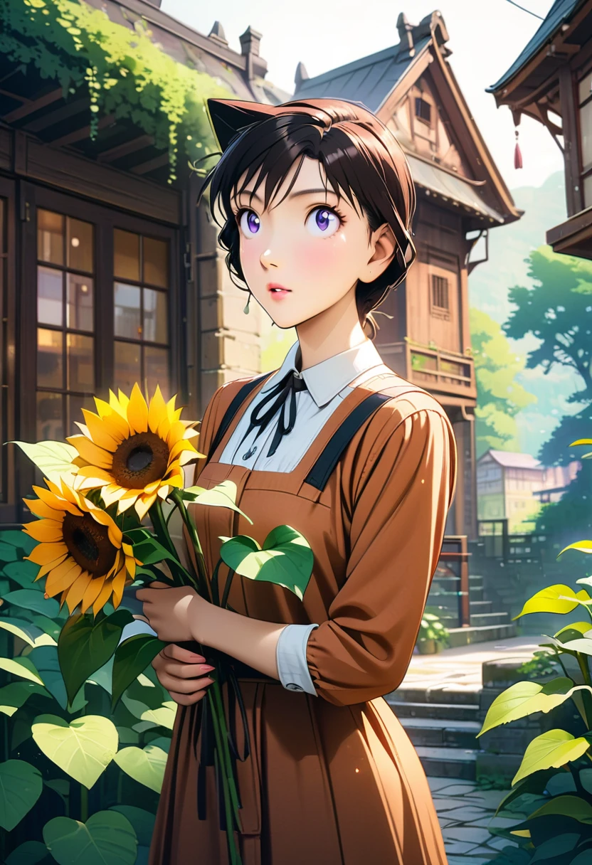 Beautiful young woman with long dark hair, holding a sunflower in your hands, Full Body Shot, Anime Style, Detailed face, Beautiful Eyes, Delicate lips, Perfect Skin, Elegant pose, Natural light, Vibrant colors, masterpiece, Very detailed, 8k, Realistic, Intricate details, Structure of the film, Warm color palette, Soft lighting, Beautiful background scenery, Lush greenery, Picturesque gardens