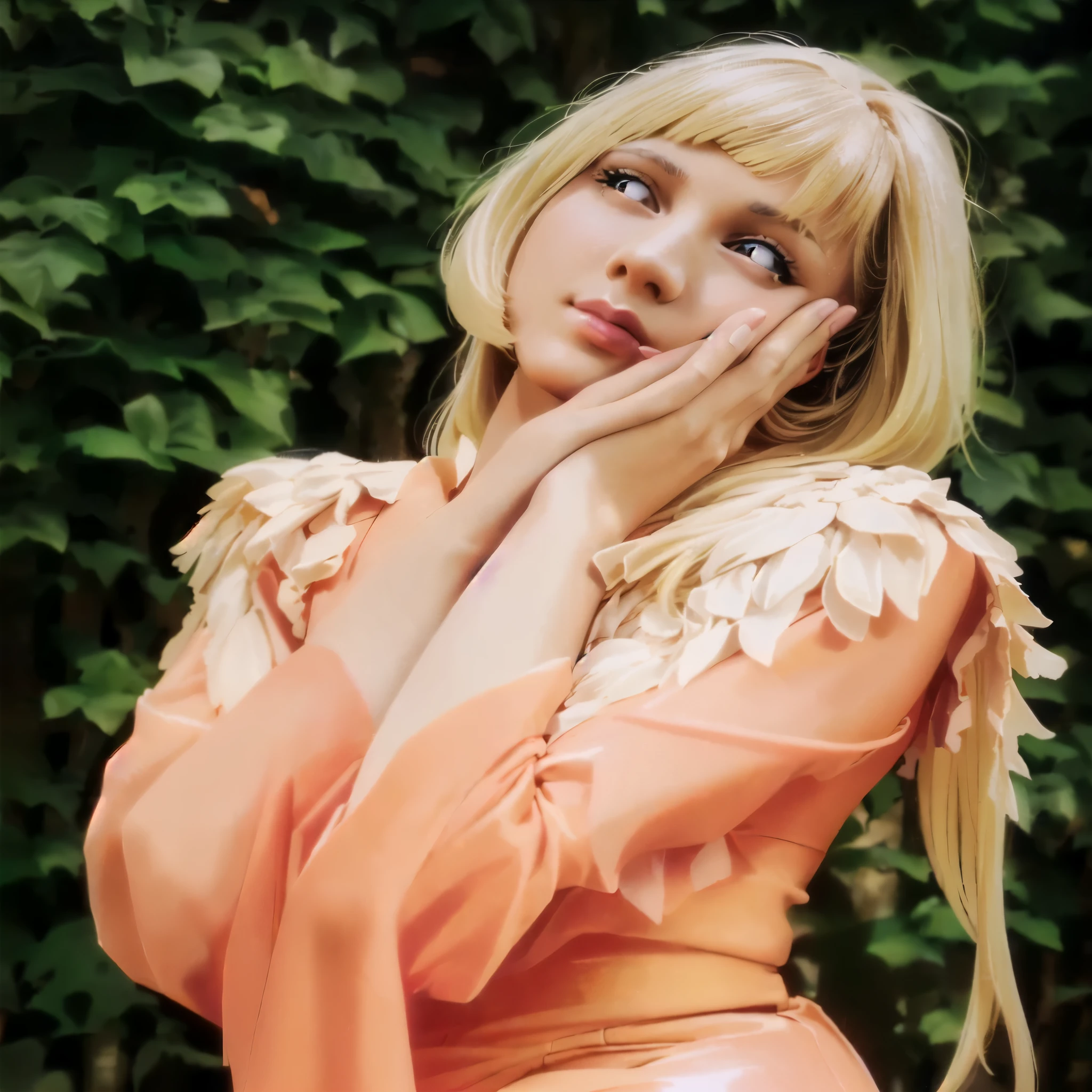 Blonde woman in orange dress posing for a photo in front of a bush, Aurora Axnes, Yelena Belova, irina nordsol kuzmina, inspired by Florence Engelbach, Anna Nikonova aka Newmilky, Aleksandra Waliszewska, pale and light skin!!, a stunning young ethereal figure, nina masic, in peach tones, anna nikonova