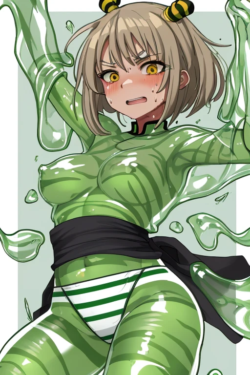 Striped kung fu girl covered in translucent slime and sweat