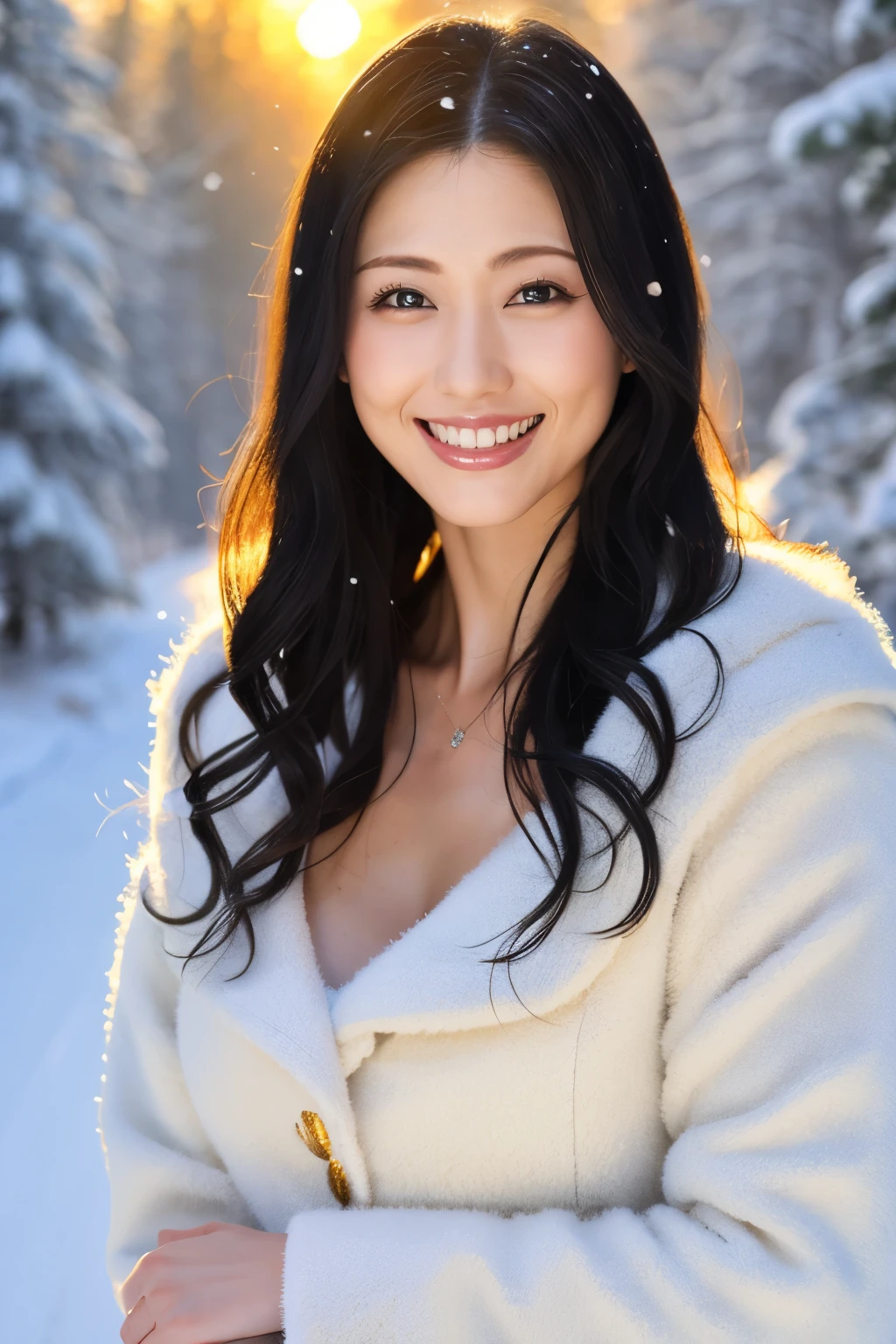 (Tabletop、Highest quality、8k、Award-winning works、Ultra-high resolution)、One mature woman、40 year old mature woman、(High-quality and elegant fur coat:1.4)、(Accentuate your body lines:1.1)、(Large Breasts:1.3)、(Beautiful Nordic snowy forest:1.1)、Beautiful snowy scenery、Beautiful sunlight filtering through the trees、(Romantic sunset:1.2)、Tyndall effect、Most romantic、Close-up of face、Biggest Smile、Beautiful teeth alignment