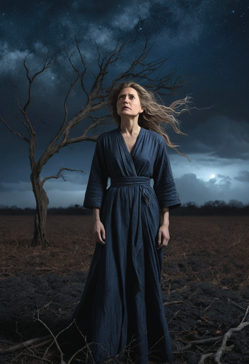 Create an 8K portrait of a woman standing in a vast, dark field under a night sky. The woman, depicted with an expression of despair and solitude, is wearing clothing that flutters in the strong wind. The background should include a solitary, withered tree struggling against the wind. Use dominant colors of black, gray, and dark blue to enhance the somber and dramatic mood. Pay attention to fine details in the texture of the woman's clothing and the tree's remaining leaves.