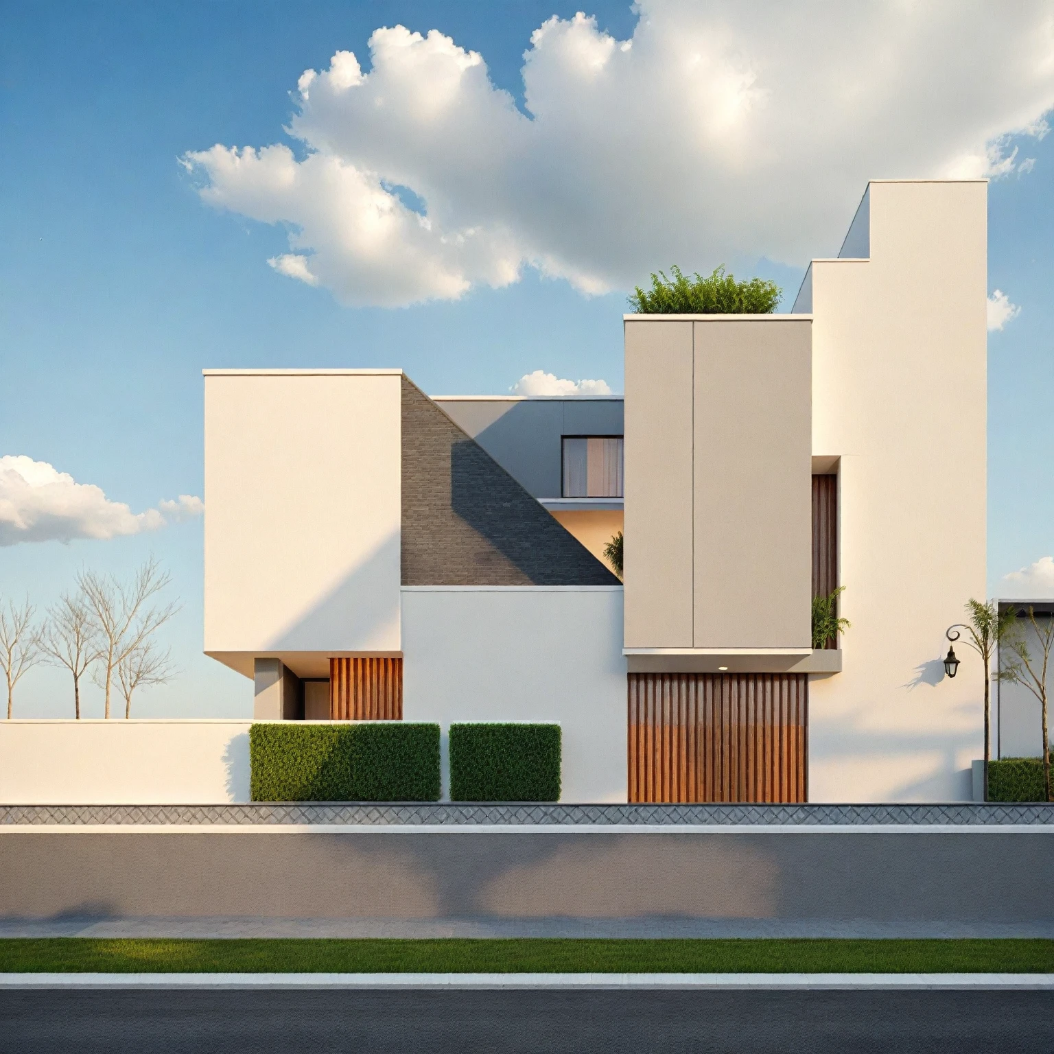 Architectural style Architectural style,  ((Classic Style House)),(masterpiece) , ((best quality)), dramatic lighting, high quality outdoors, sky, day, cloud, tree, blue sky, building, scenery, road, real world location,  sunlight, enough detail, high resolution,super realistic, Photorealistic, highly detailed, balcony, plants, door, car, truck, parking slot, paving, . Clean lines, architectural drawing, highly detailed  , . Clean lines, geometric shapes, minimalist, modern, architectural drawing, highly detailed