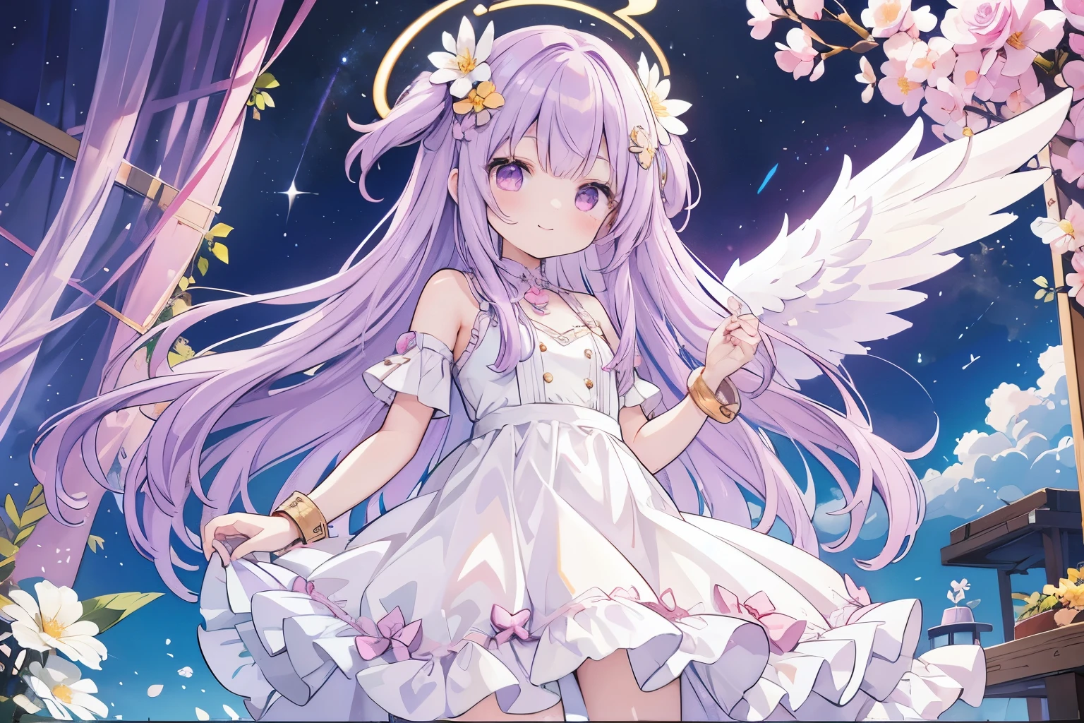 one wings valkyrie,Long purple hair, flower hair ornament, rainbow-colored bangles, pink eyes, ta dress, starry night,loliel Halo,Smiling Kindly
