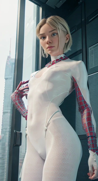 (One girl: 1.3), alone, beautiful face, (((extremely Detailed face))),(((extremely Detailed face and eyes)),beautiful detailed eyes, Body parts__, Official Art, 8k unified wallpaper, Very detailedな, beautiful and aesthetic, beautiful, masterpiece, 最high quality, born, masterpiece, Ultra-thin photo, 最high quality, Ultra-high resolution, Photorealistic realism, sunlight, Full body portrait, Great beauty, short blonde haircut, Dynamic pose, Delicate face, Bright blue eyes, (from the front), She is wearing a nylon outfit (inspired by Spiderman costume), Cosplay ('/snow/'), red, Transparent white and black color scheme, Top floor of a skyscraper, Very detailed, Detailed face, Detailed, intricate and busy background, Messy, beautiful, milky, Very detailedな肌, Realistic skin detail, Visible pores, Sharp focus, Volume Mist, 8k Ultra HD, Digital SLR, high quality, Film Grain, Fair skin, Photorealism, Lomography, Future dystopian megacity, View from below, translucent,,(slender body:1.1),((Abdominal muscles:1.1)),((Muscular:1.1))
