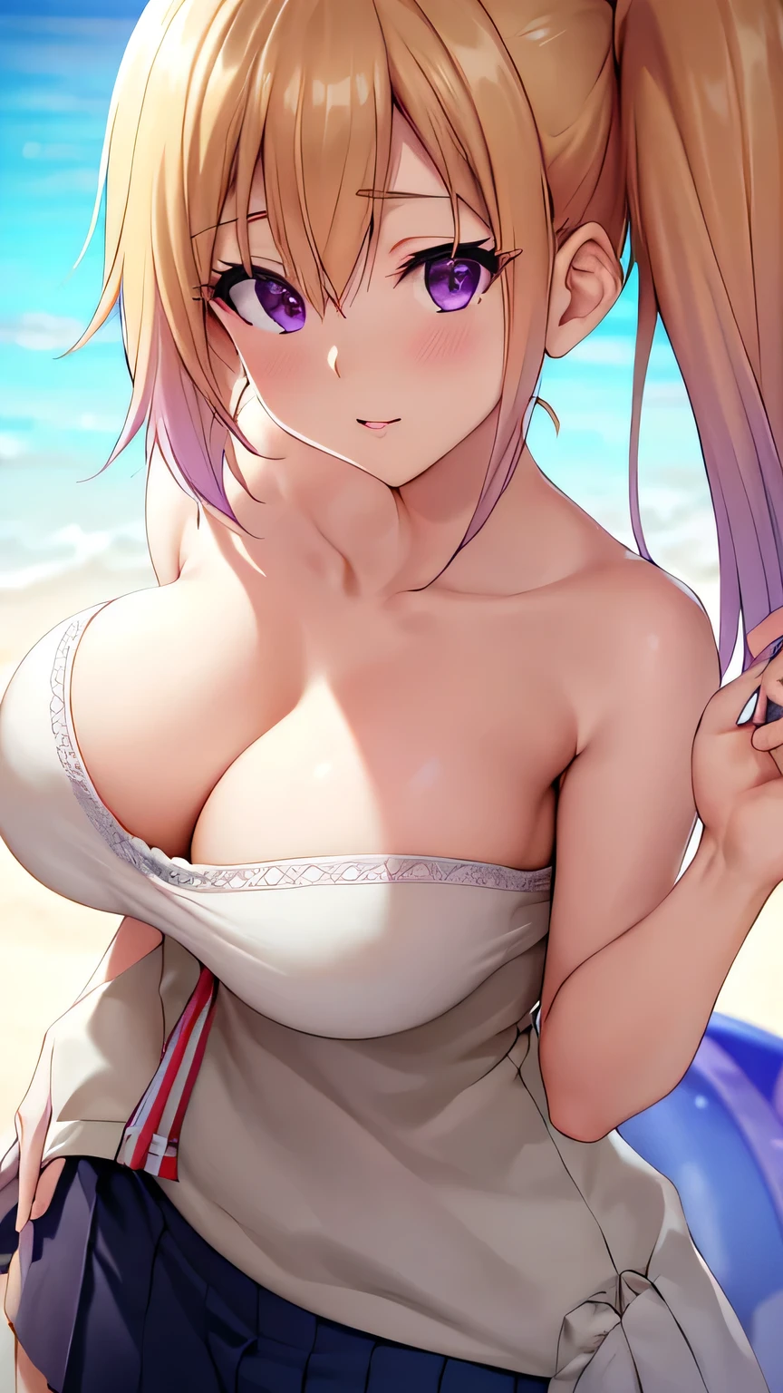 Perfect composition,masterpiece, (Highest quality), Adult women, bionde, Hair length, Side Ponytail, Purple eyes,sweater, skirt,Huge Cleavage,Sexy woman, Embarrassing,blush, Bright colors,,Natural soft light,RTTX 10.0, (Detailed face:1.2), Showcase, (Perfect Eyes:1.1) ,(Photorealistic:1.1), 8k Ultra HD, Look at the viewers, Seaside, beach, Simple Background,(Cleavage:1.4),Tremendously large bust,Huge bust,(throw,Close-up shot:1.2),From the top of the head to the waist,
