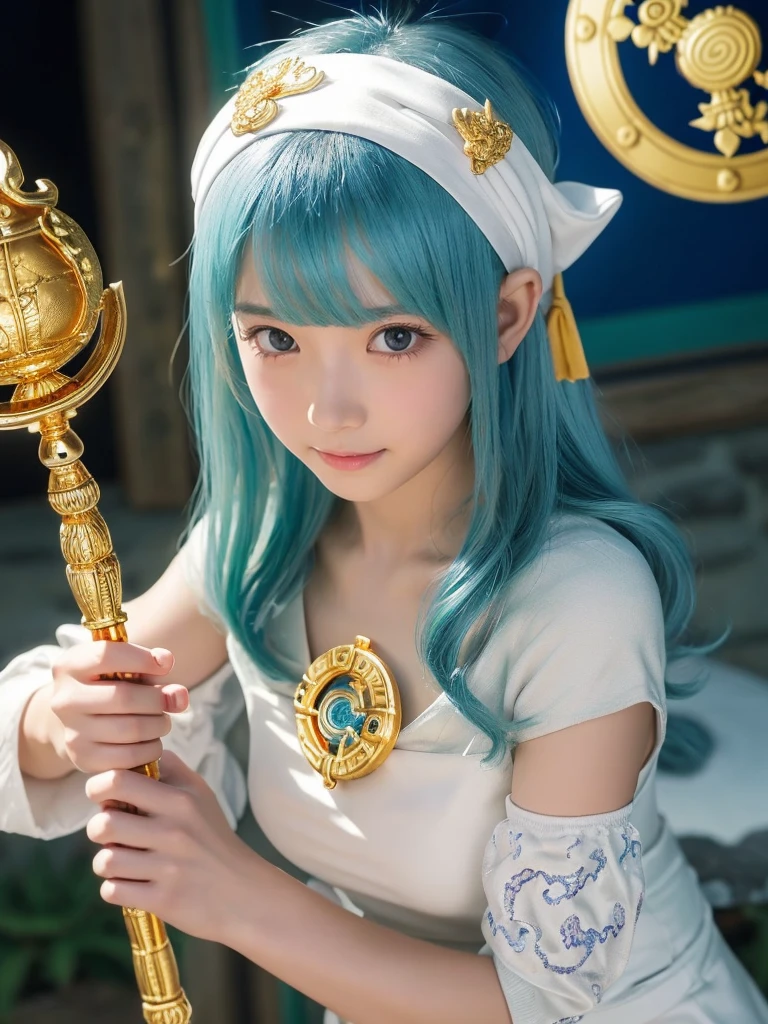 A 20 years old japanese girl,(DragonQuest sage,dq3,White Dress,golden headband,staff of enlightenment,Lotto emblem:1.5),beautiful detailed eyes,beautiful detailed lips,extremely detailed face and eyes,long eyelashes,cutie smile,blue hair,fantasy,medieval,magic,medieval castle,landscape,art,digital painting,cinematic lighting,vibrant colors,dramatic lighting,realistic,photogenic,masterpiece,4k,best quality