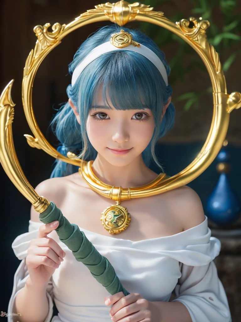 A 20 years old japanese girl,(DragonQuest sage,dq3,White Dress,golden headband,staff of enlightenment,Lotto emblem:1.5),beautiful detailed eyes,beautiful detailed lips,extremely detailed face and eyes,long eyelashes,cutie smile,blue hair,fantasy,medieval,magic,medieval castle,landscape,art,digital painting,cinematic lighting,vibrant colors,dramatic lighting,realistic,photogenic,masterpiece,4k,best quality