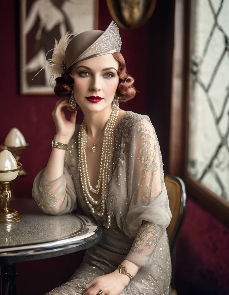 Woman wearing fashionable clothes, sitting at the table,Coffee on hand, The atmosphere of the 1920s, 1 9 2 0 s style, 1920s style, roaring 20s, Fabric Style 1 9 2 0 s, Dress in 1920s fashion, Roaring Twenties, 1920s dystopian retro vibe, art deco era,wearing a fur coat,pearl jewelry,Advanced Custom Lace Clothing,perfect toes,(Ablaze, Caucasian skin:1.37), super clear, &Quote;Grande Gatsby&Quote; uploads,Luxurious pearl and diamond ring,bracelet,tails,Dress in 1920s fashion, long open red hair, 1 9 2 0 s style, 1 9 2 0 clothes, Fabric Style 1 9 2 0 s,art deco,