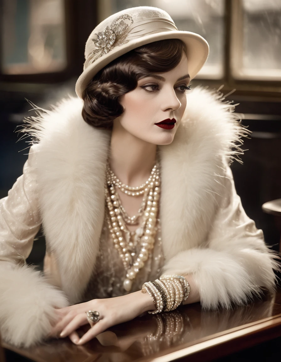 Woman wearing fashionable clothes, sitting at the table，Coffee on hand, The atmosphere of the 1920s, 1 9 2 0 s style, 1920s style, roaring 20s, Fabric Style 1 9 2 0 s, Dress in 1920s fashion, Roaring Twenties, 1920s dystopian retro vibe, art deco era，wearing a fur coat，pearl jewelry，Advanced Custom Lace Clothing，perfect toes，（Ablaze, Caucasian skin：1.37）， super clear， &Quote;Grande Gatsby&Quote; uploads，Luxurious pearl and diamond ring，bracelet，tails，Dress in 1920s fashion, long open red hair, 1 9 2 0 s style, 1 9 2 0 clothes, Fabric Style 1 9 2 0 s,art deco，
