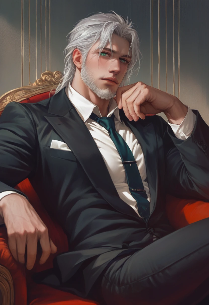 a handsome man with silver hair, green eyes, furrowed brow, black suit, dark blue tie, slick back hair, gloved hands, sitting pose, trimmed beard, muscled, detailed portrait, realistic, intricate details, elegant, stylish, moody lighting, cinematic, dramatic