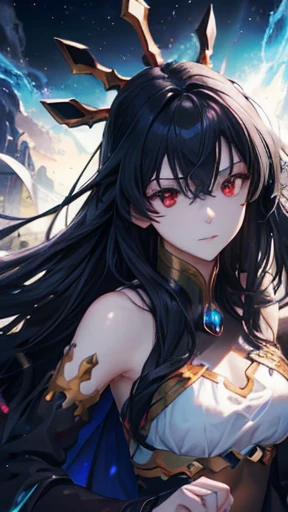 (super clear picture quality:1.8),masterpiece,best quality,
ultra-realistic mix fantasy, Ishtar from Fate Grand Order as a beautiful woman ((long flowing black hair, red eyes, pale skin)) invoking storms and floods and summoning a ((water dragon)),in the style of dark azure and light azure,mixes realistic and fantastical elements,vibrant manga,uhd image,glassy translucence,vibrant illustrations,ultra realistic,jewelly,shawls,light In eyes,red eyes,firefly,bokeh,mysterious,fantasy,cloud,abstract,colorful background,night sky,flame,very detailed,high resolution,sharp,sharp image,4k,8k,masterpiece,best quality,magic effect,(high contrast:1.4),dream art,diamond,mysterious colorful background,dark blue themes,real,holographic,an oriental dragon,inhuman,holographic metal,machine,the perfect hand,perfect face,