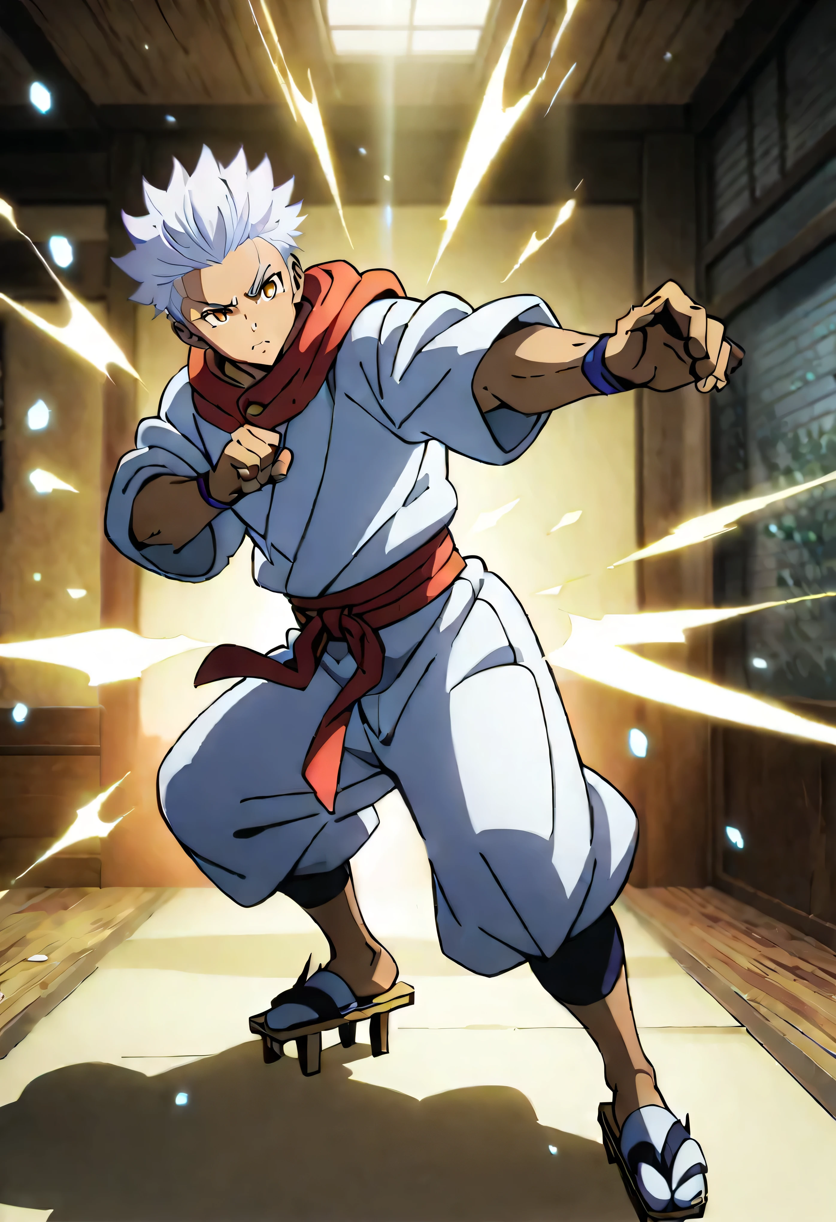 dynamic pose, fighting stance, 1 guy, brown skin, dojo background, snow white hair, spikey hair, short hair, fade haircut, (sparkling eyes), yellow eyes, (white aura), toned build, lean, cool outfit, gloves, hoodie, baggy clothing, (martial arts themed outfit), (monk themed outfit), traditional japanese slippers, geta footwear, masterpiece, best quality, perfect lighting, anime style, vivid colors, (colorful outfit), full body, (thin lineart)