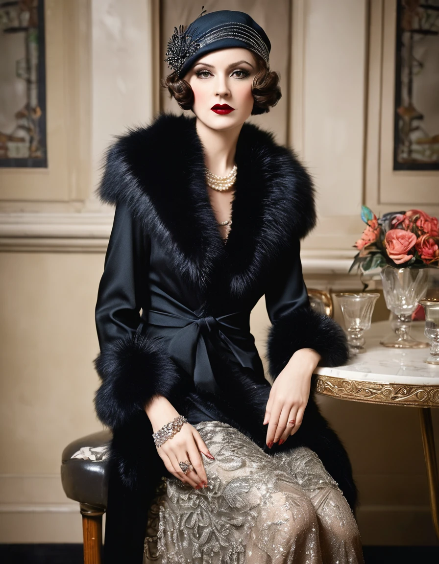 Woman wearing fashionable clothes, sitting at the table，Coffee on hand, The atmosphere of the 1920s, 1 9 2 0 s style, 1920s style, roaring 20s, Fabric Style 1 9 2 0 s, Dress in 1920s fashion, Roaring Twenties, 1920s dystopian retro vibe, art deco era，wearing a fur coat，pearl jewelry，Advanced Custom Lace Clothing，perfect toes，（Ablaze, Caucasian skin：1.37）， super clear， &Quote;Grande Gatsby&Quote; uploads，Luxurious pearl and diamond ring，bracelet，tails，Dress in 1920s fashion, long open red hair, 1 9 2 0 s style, 1 9 2 0 clothes, Fabric Style 1 9 2 0 s,art deco，
