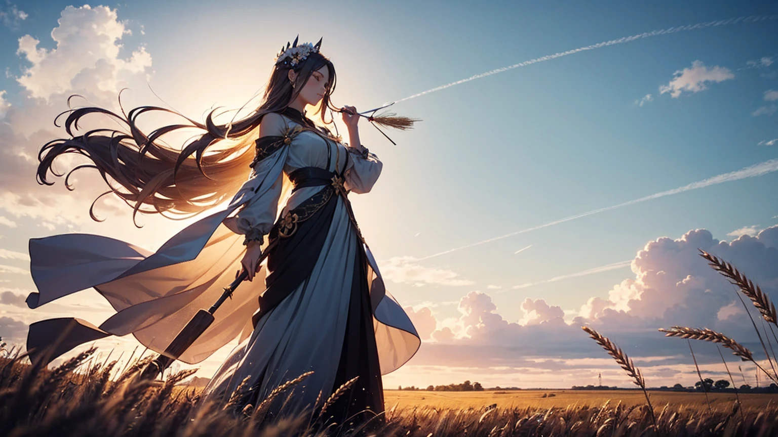 An elegant illustration of Virgo, the Maiden. A graceful maiden with long, flowing hair adorned with flowers, standing in a field of wheat. She holds a sheaf of wheat in one hand and a delicate, glowing lantern in the other, symbolizing wisdom and purity. The background features a clear blue sky with gentle clouds, highlighting Virgo's connection to nature and meticulous care.