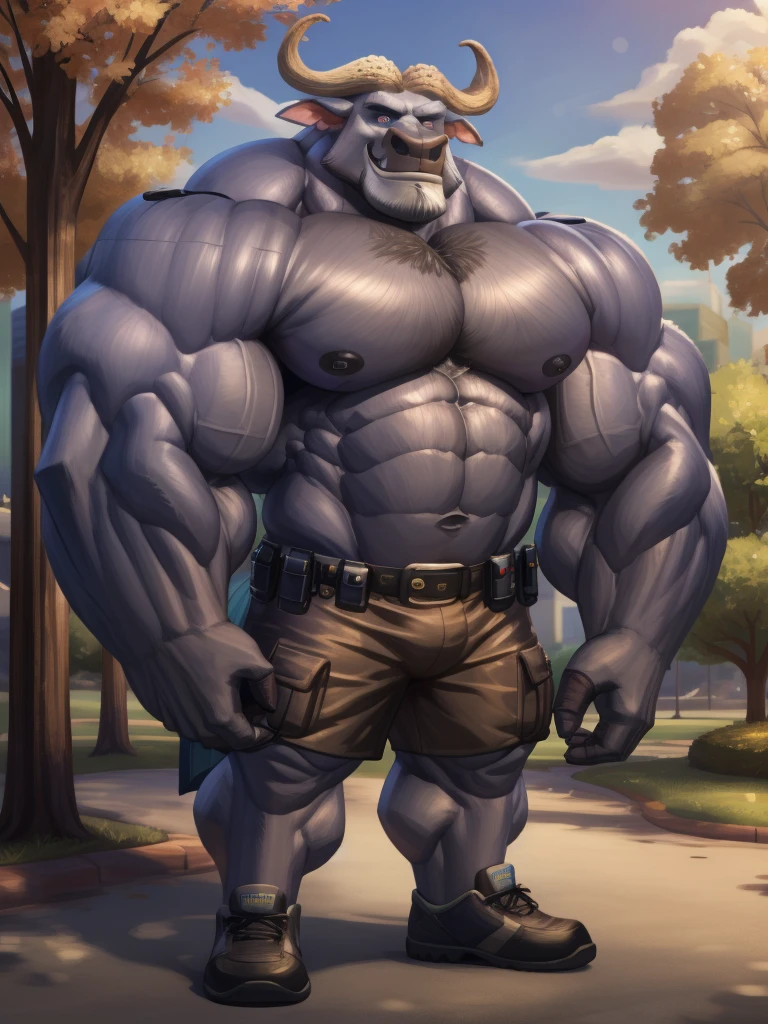 Solo, 1boy, perfect anatomy, perfect proportion, (chief bogo, police shorts, park), topless, Shirtless, perfect center, sharp eyes, big eyes, peaceful, eyes, (smile, happiness), calm, perfect fingers, big hand, fingers. Huge Muscular Old man with short hair, shoes, (cargo shorts), view from side, pectoral, thick arms, huge pectoral, wide pectoral, white hair, white beards, simple background, masterpiece, semirealistic:1.2, high detailed, 8k, high resolution, perfect center, full view. ((really big muscle, massive muscular, sixpack, thick arms, wide pectoral, super huge muscle, hyper muscular, over sized muscle, huge arms, big arms, huge pectoral))