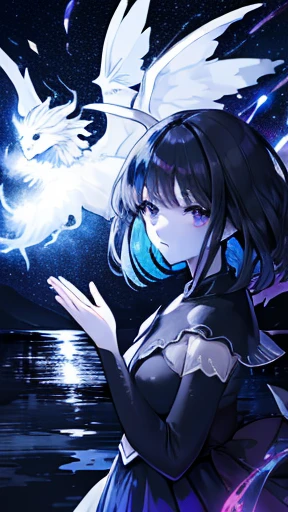 (super clear picture quality:1.8),masterpiece,best quality,
ultra-realistic mix fantasy,  Hotaru Tomoe - a beautiful woman ((pageboy cut black hair, dark violet eyes, pale skin)) invoking storms and floods and summoning a ((water dragon)),in the style of dark azure and light azure,mixes realistic and fantastical elements,vibrant manga,uhd image,glassy translucence,vibrant illustrations,ultra realistic,jewelly,shawls,light In eyes,red eyes,firefly,bokeh,mysterious,fantasy,cloud,abstract,colorful background,night sky,flame,very detailed,high resolution,sharp,sharp image,4k,8k,masterpiece,best quality,magic effect,(high contrast:1.4),dream art,diamond,mysterious colorful background,dark blue themes,real,holographic,an oriental dragon,inhuman,holographic metal,machine,the perfect hand,perfect face,