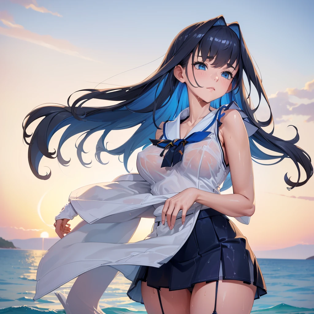 ((Clothing wetness: 1.4)), ((Underwear visible)), (Sailor suit), (Sheer skirt), Sunny blue sky, beach, (Perfect hands), (Perfect anatomy), (Perfect body structure ), ((2 arms)), ((2 legs)), ((Masterpiece, Best quality, High resolution, Ultra high resolution, Perfect pixels, Burned border depth, 4K, Super detailed)), HDR, Studio lighting, Sharp focus, Bright colors, Portrait, Warm tones, Soft lighting, standing,nipple，nipple凸起