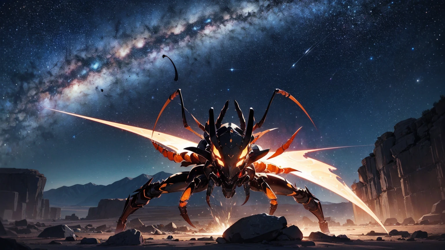 A mysterious illustration of Scorpio, the Scorpion. A sleek and powerful scorpion with a glowing, venomous stinger, poised and ready in a desert under a starry night sky. The scorpion's body is covered in intricate, dark patterns that shimmer in the moonlight. The background features a desolate, rocky landscape with the Milky Way visible, highlighting Scorpio's intensity and depth.