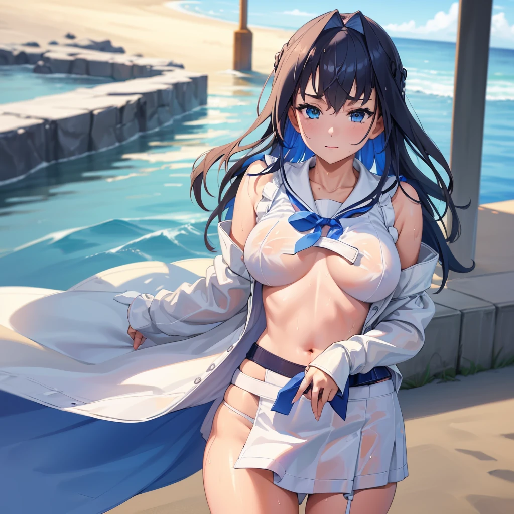 ((Clothing wetness: 1.4)), ((Underwear visible)), (Sailor suit), (Sheer skirt), Sunny blue sky, beach, (Perfect hands), (Perfect anatomy), (Perfect body structure ), ((2 arms)), ((2 legs)), ((Masterpiece, Best quality, High resolution, Ultra high resolution, Perfect pixels, Burned border depth, 4K, Super detailed)), HDR, Studio lighting, Sharp focus, Bright colors, Portrait, Warm tones, Soft lighting, standing,nipple，nipple凸起