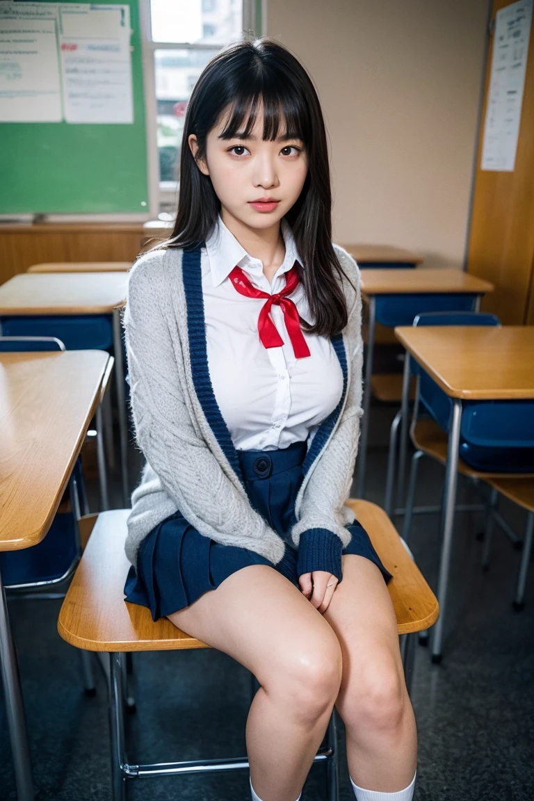 alone、high school girl、Natural body shape、White skin、Natural Makeup、Black Hair、bangs、Straight Long Hair、((High School Uniform))(((Navy Blue Cardigan、White collar blouse、red school ribbon、Checkered Pleated Skirt、mini skirt)))、((Big Breasts))、、School classroom、(Looking at the camera facing the front)、Full body photo、Exposing your thighs、Dark blue socks、White School Shoes、((Lift up the skirt))、Pure white panties、Focus on the groin、Sit with your legs apart