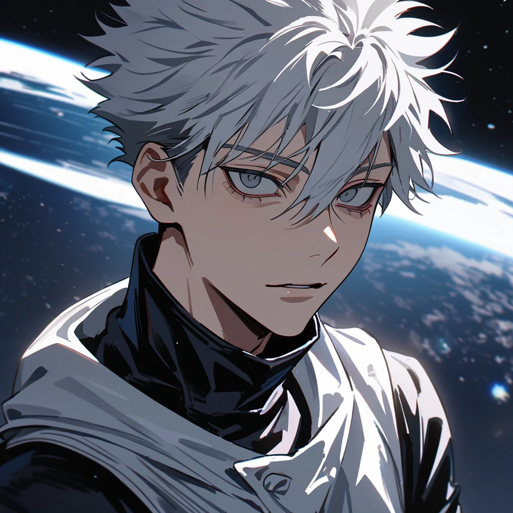 High quality, HD, 4k, no shadows, handsome male, 1male, , teenager, shwhite hair, silver hair, white hair, sharp eyes, dark grey colored eyes, deep grey eyes, grey eyes, close up, gojo from jujutsu kaisen, calm expression, stoic expression, black leather clothes, white leather clothing, lean body, well trained body, upper body, looking at viewer, cowboy shot, white solar, space background