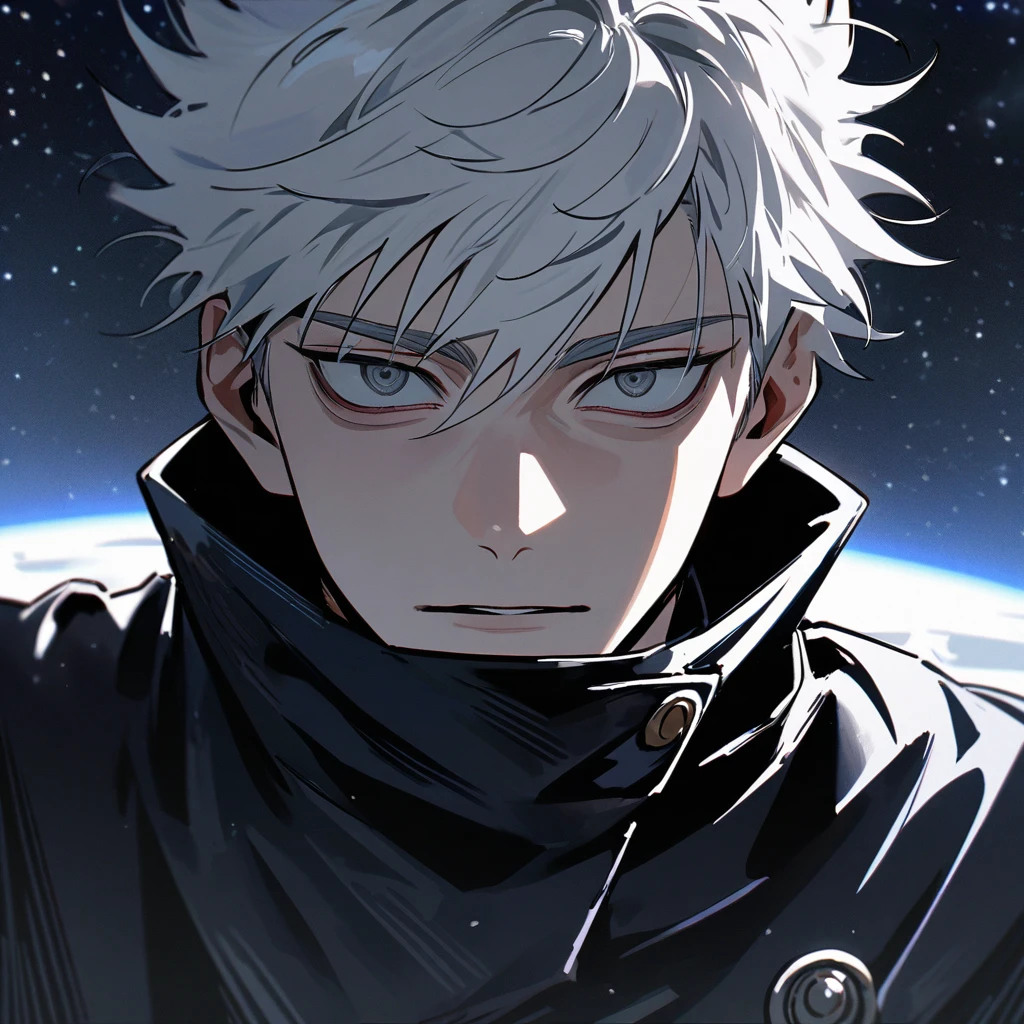 High quality, HD, 4k, no shadows, handsome male, 1male, 17 years old, teenager, short white hair, silver hair, white hair, sharp eyes, dark grey colored eyes, deep grey eyes, grey eyes, close up, gojo from jujutsu kaisen, calm expression, stoic expression, black leather clothes, white leather clothing, lean body, well trained body, upper body, looking at viewer, cowboy shot, white solar, space background