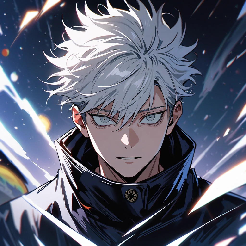 High quality, HD, 4k, no shadows, handsome male, 1male, 17 years old, teenager, short white hair, silver hair, white hair, sharp eyes, dark grey colored eyes, deep grey eyes, grey eyes, close up, gojo from jujutsu kaisen, calm expression, stoic expression, black leather clothes, white leather clothing, lean body, well trained body, upper body, looking at viewer, cowboy shot, white solar, space background