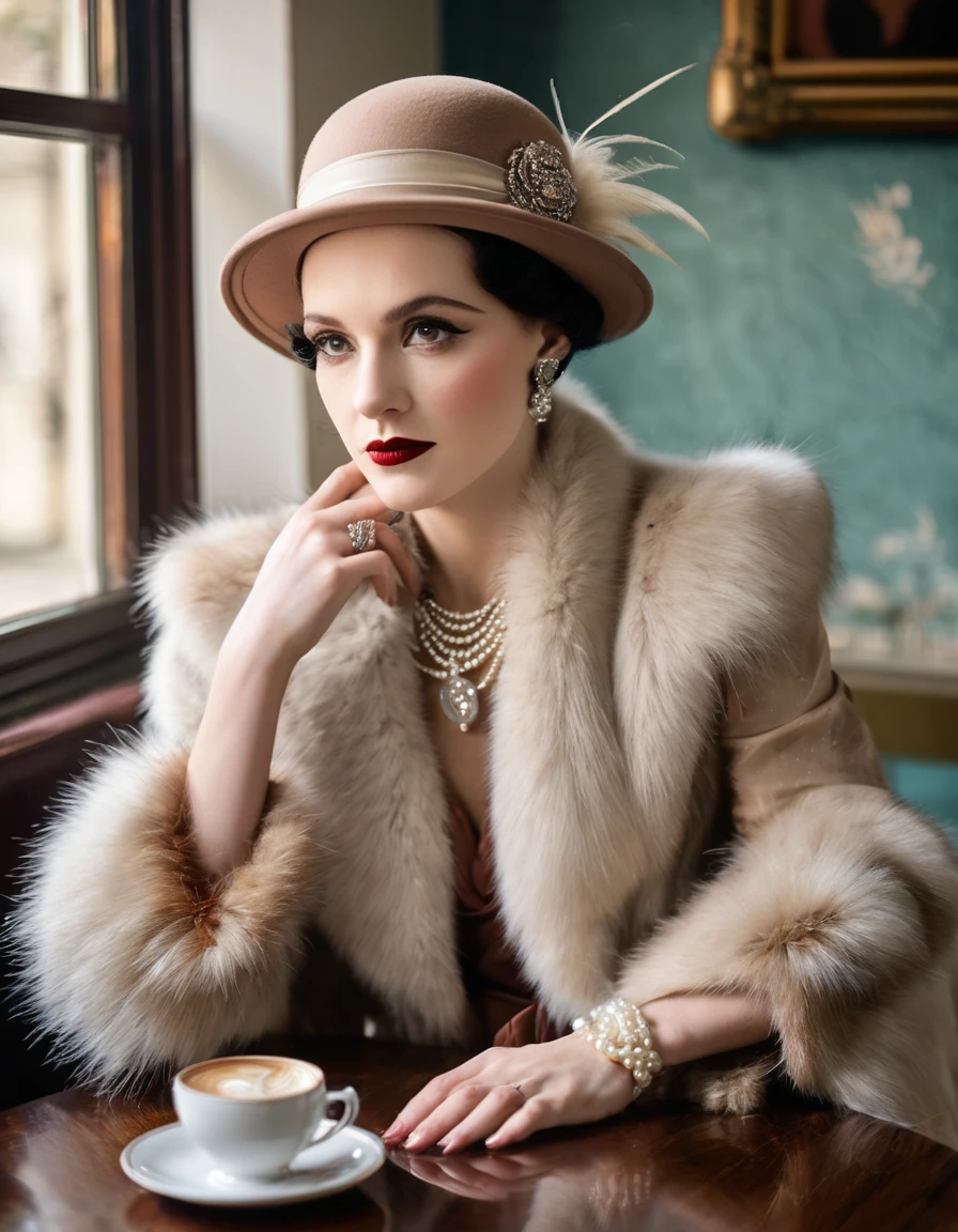 Woman wearing fashionable clothes, sitting at the table，Coffee on hand, The atmosphere of the 1920s, 1 9 2 0 s style, 1920s style, roaring 20s, Fabric Style 1 9 2 0 s, Dress in 1920s fashion, Roaring Twenties, 1920s dystopian retro vibe, art deco era，wearing a fur coat，pearl jewelry，Advanced Custom Lace Clothing，perfect toes，（Ablaze, Caucasian skin：1.37）， super clear， &Quote;Grande Gatsby&Quote; uploads，Luxurious pearl and diamond ring，bracelet，tails，Dress in 1920s fashion, long open red hair, 1 9 2 0 s style, 1 9 2 0 clothes, Fabric Style 1 9 2 0 s,art deco，
