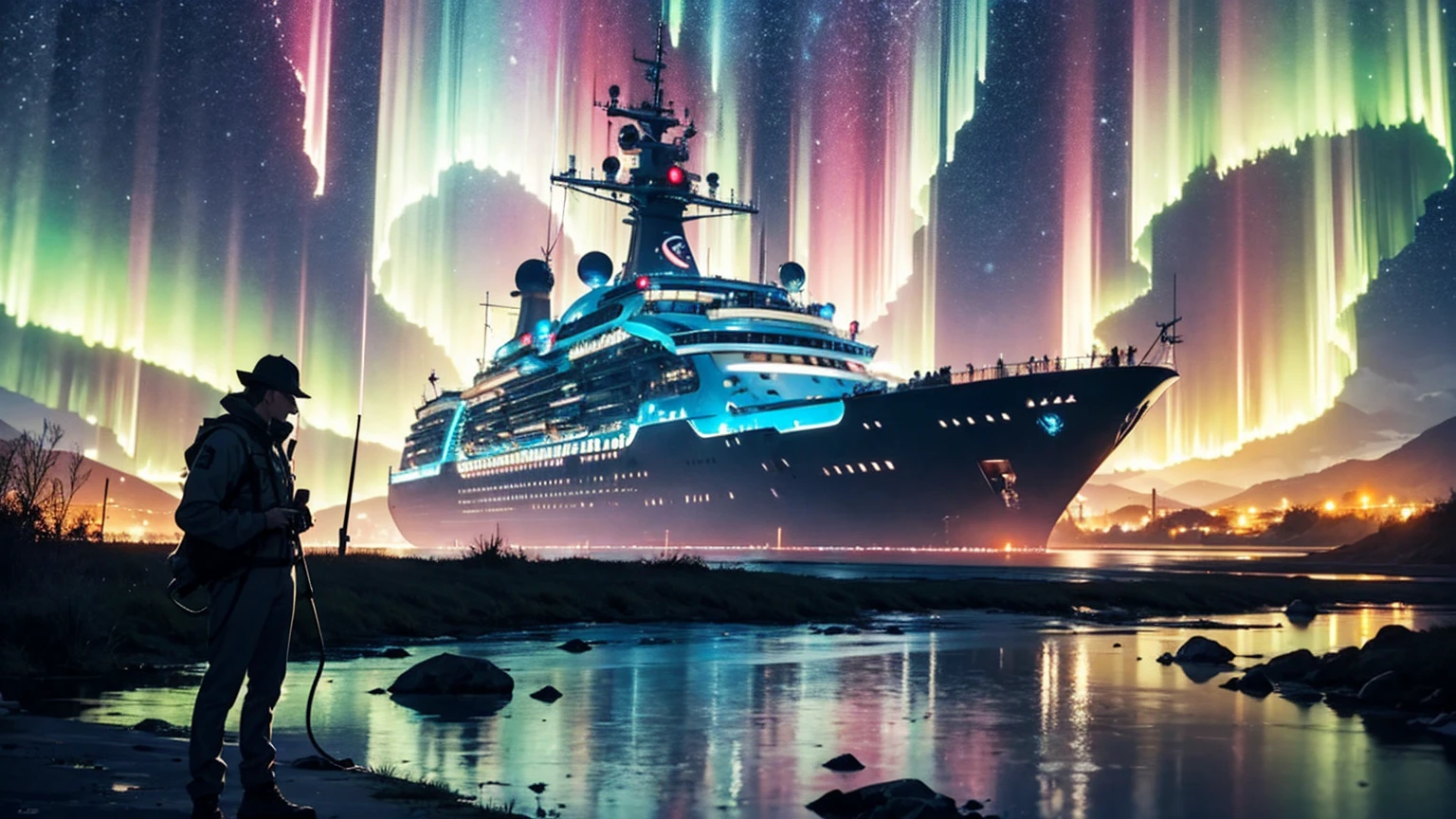 A futuristic illustration of Aquarius, the Water-Bearer. A figure holding a large, ornate vessel from which streams of glowing, blue water flow out, creating rivers that seem to flow into the sky. The figure stands on a hilltop under a night sky filled with bright stars and auroras, symbolizing innovation and humanitarianism. The background features a modern cityscape in the distance, blending nature and technology.