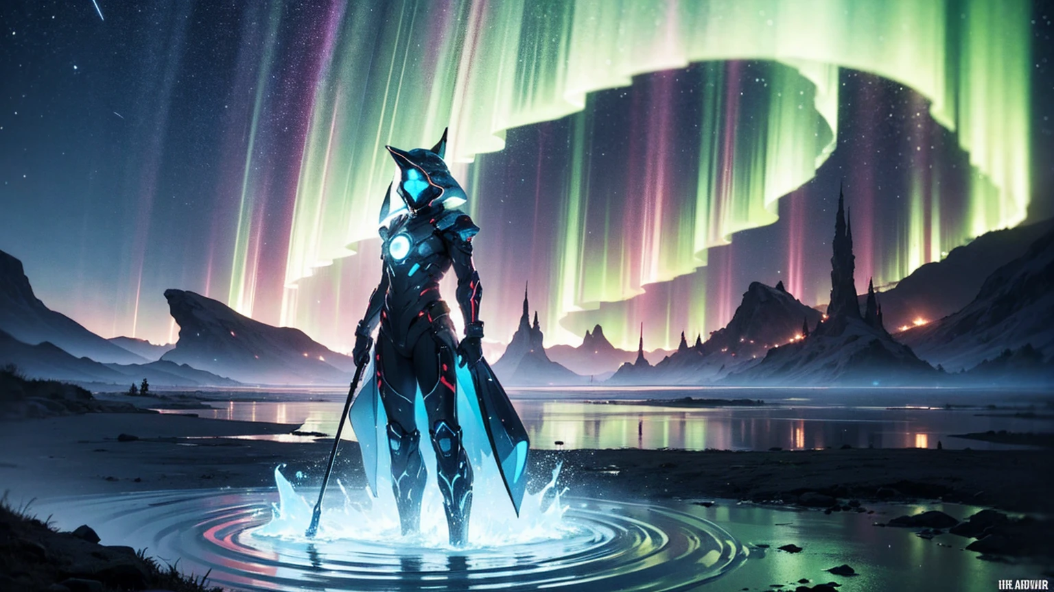 A futuristic illustration of Aquarius, the Water-Bearer. A figure holding a large, ornate vessel from which streams of glowing, blue water flow out, creating rivers that seem to flow into the sky. The figure stands on a hilltop under a night sky filled with bright stars and auroras, symbolizing innovation and humanitarianism. The background features a modern cityscape in the distance, blending nature and technology.