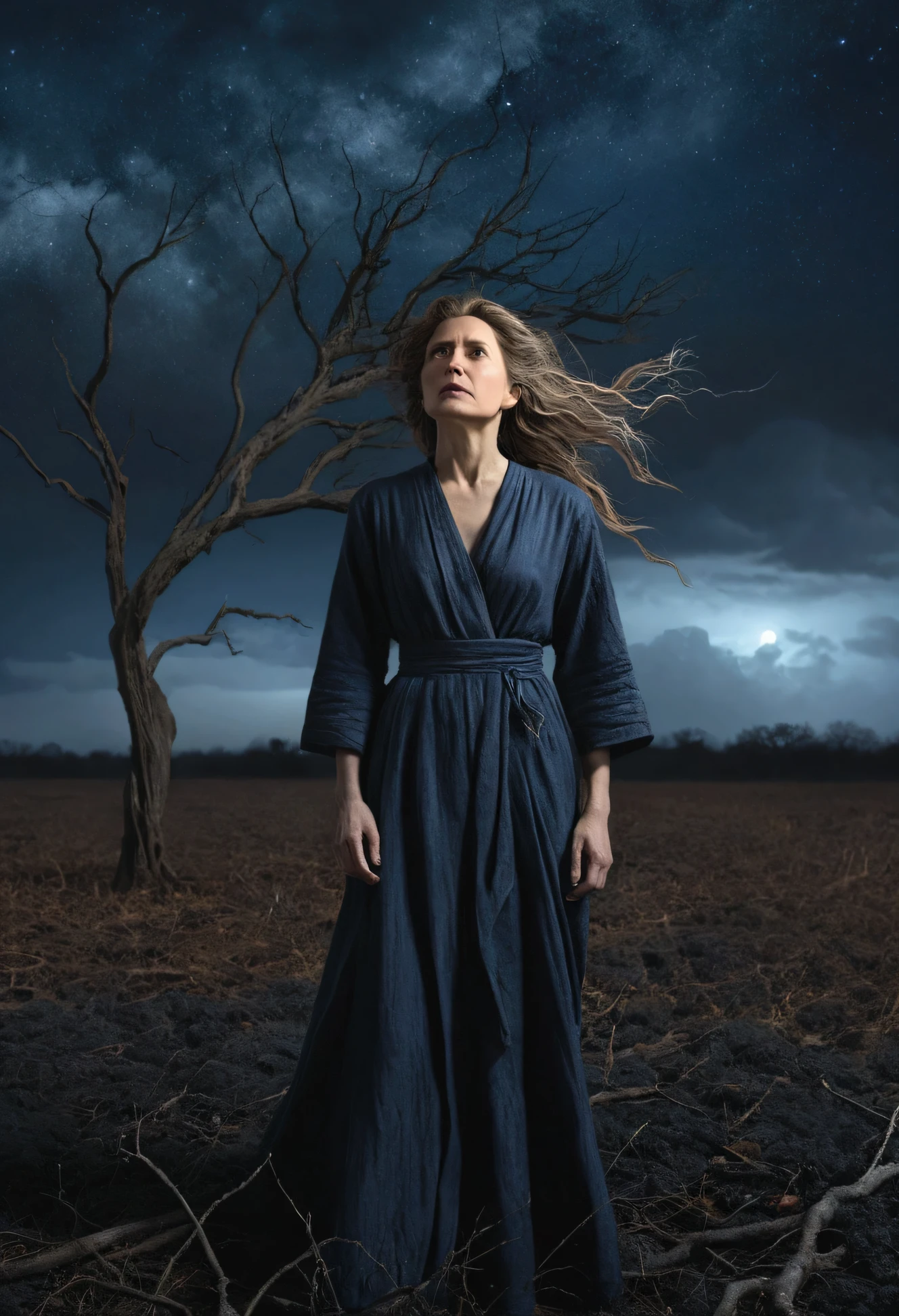 Create an 8K portrait of a woman standing in a vast, dark field under a night sky. The woman, depicted with an expression of despair and solitude, is wearing clothing that flutters in the strong wind. The background should include a solitary, withered tree struggling against the wind. Use dominant colors of black, gray, and dark blue to enhance the somber and dramatic mood. Pay attention to fine details in the texture of the woman's clothing and the tree's remaining leaves.